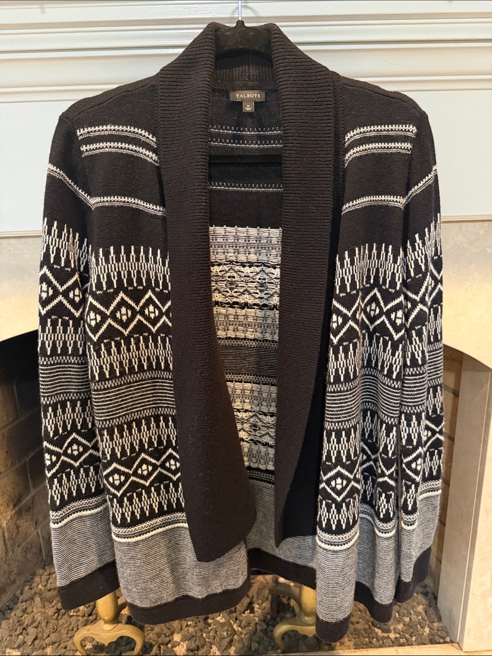 Talbots Black and White Patterned Shawl-Collar Lambswool Cardigan size medium